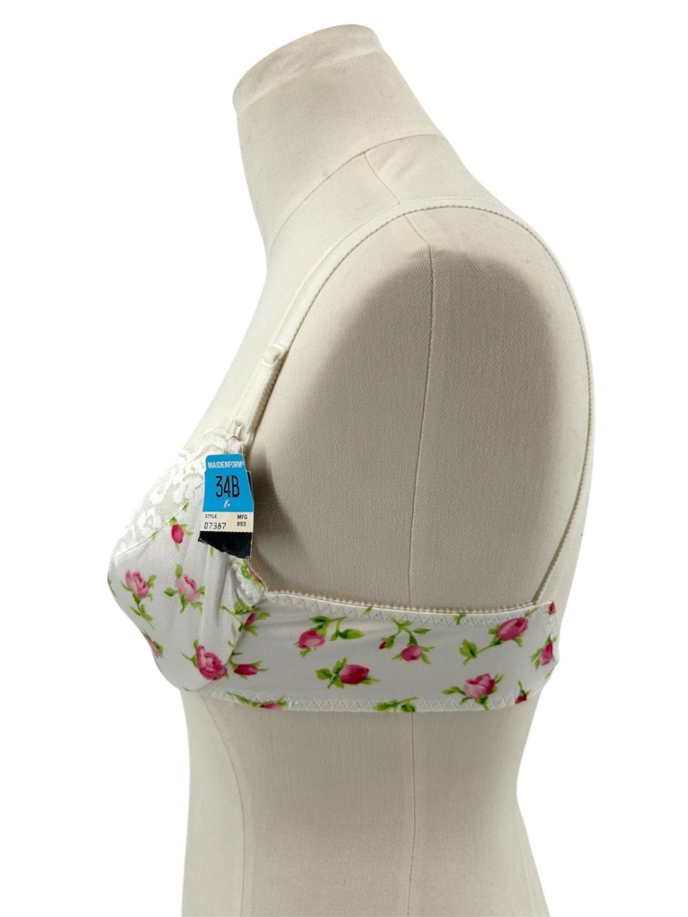 NWT Vtg 90s Maidenform White Rose Print Lace Trim Satin Chantilly Demi-Bra 34B - Picture 5 of 11